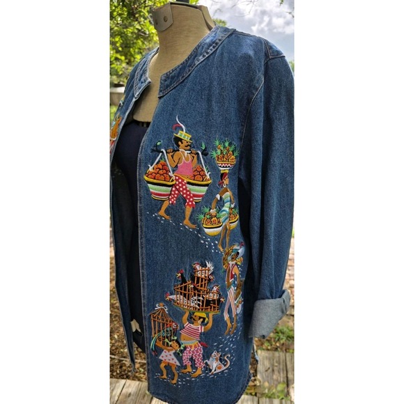 Vtg Bob Mackie Wearable Art Denim Jacket Size S Fiesta Market Scene Embroidered - Picture 6 of 10